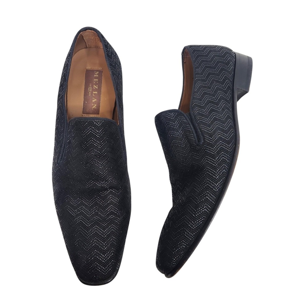 MEZLAN 18617 Shoes Mens 10.5 Black Leather Chevron Dress Oxford Slip On Spain
